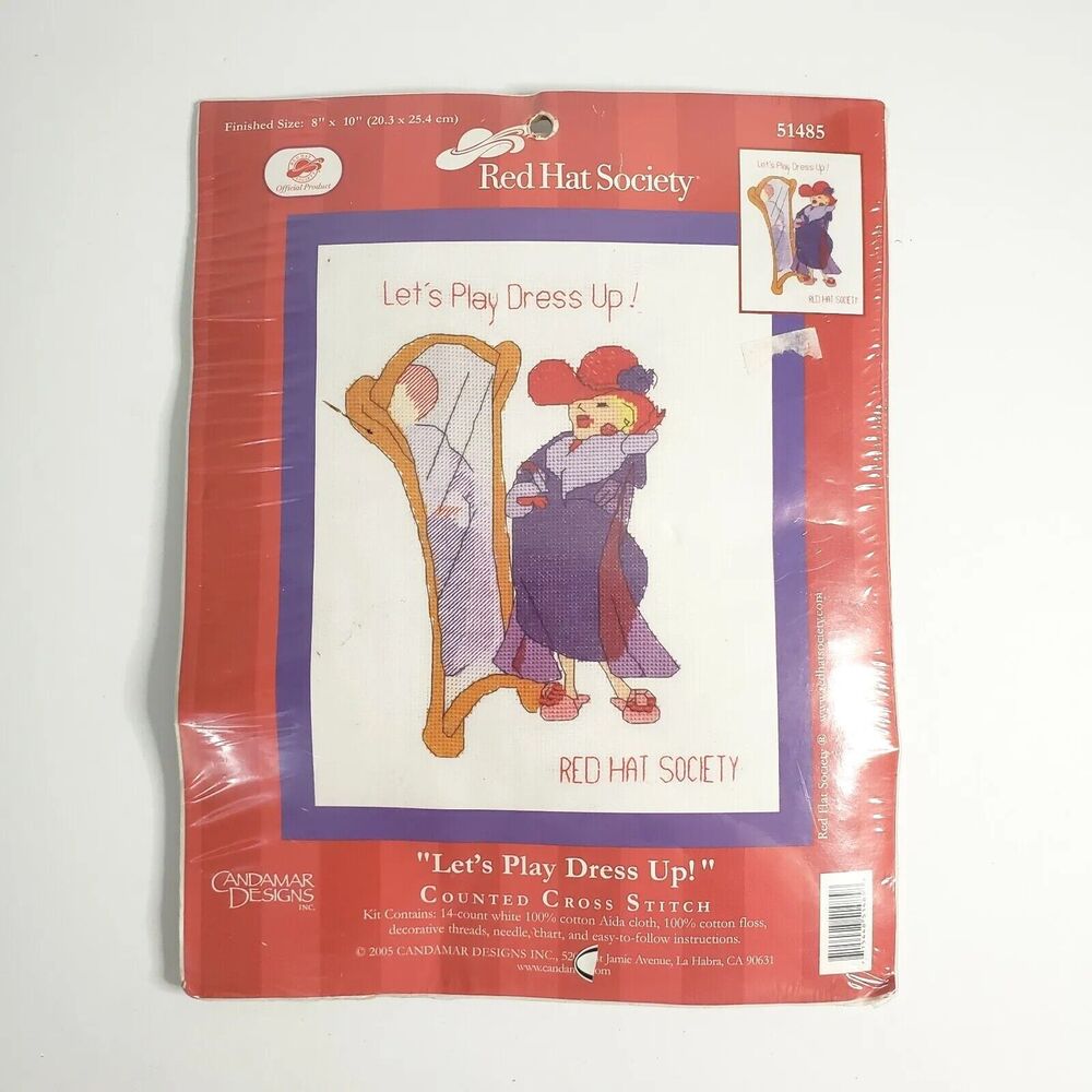 Candamar Designs RED HAT SOCIETY Cross Stitch Kit "Let's Play Dress Up" 8 x 10